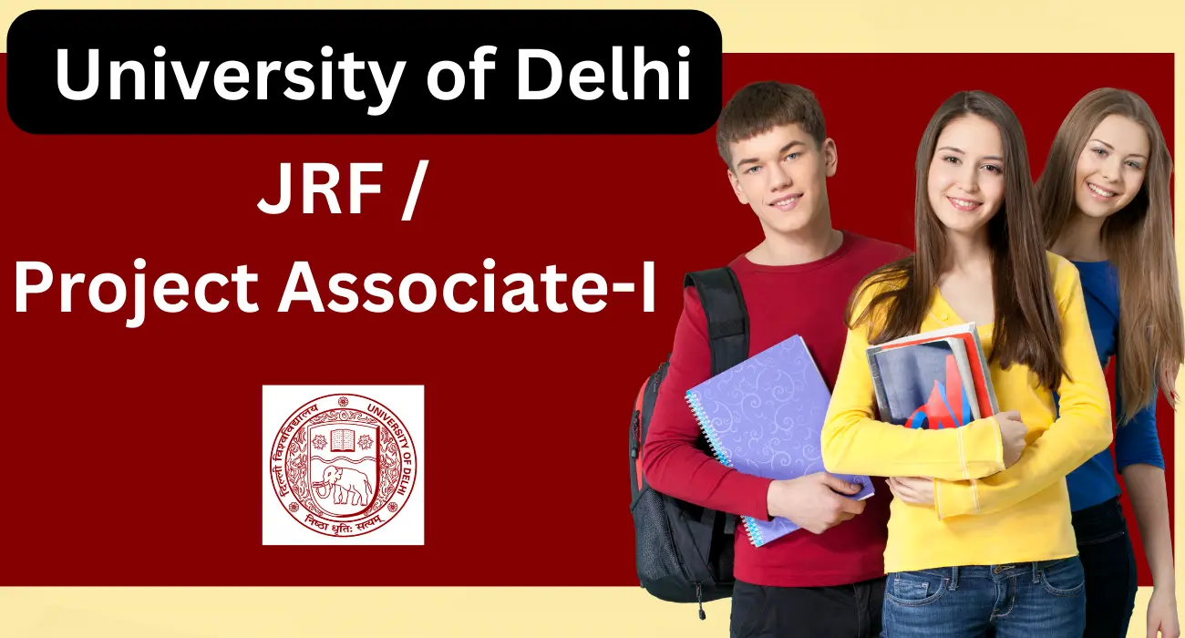 Three young, attractive students holding books with the University of Delhi logo, on a campus setting